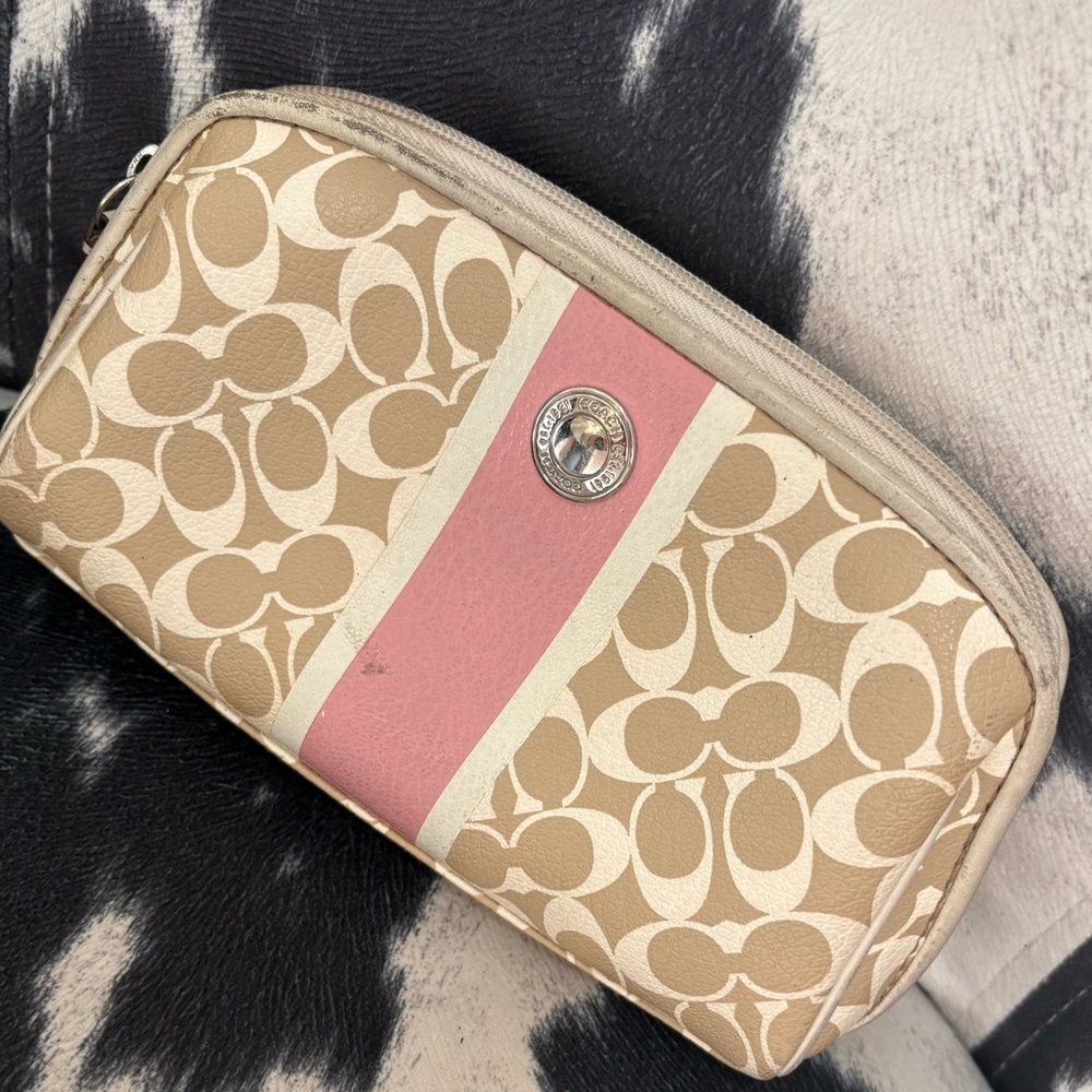 Coach Pink and Tan Cosmetic Bag Signature Design